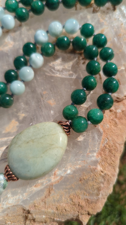 Emerald & green angelite 88 mala