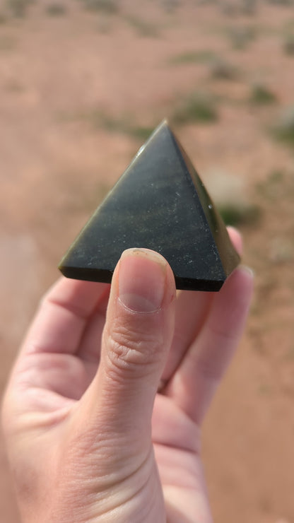 Gold sheen obsidian pyramid